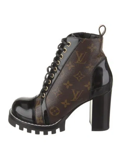 Pre-owned Louis Vuitton Lv Monogram Leather Trim Embellishment Combat Boots In Brown