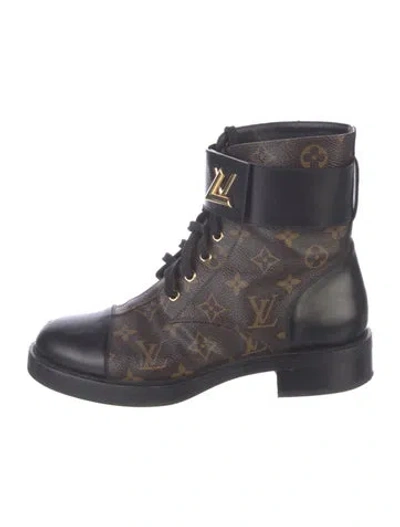 Pre-owned Louis Vuitton Lv Monogram Leather Trim Embellishment Combat Boots In Brown