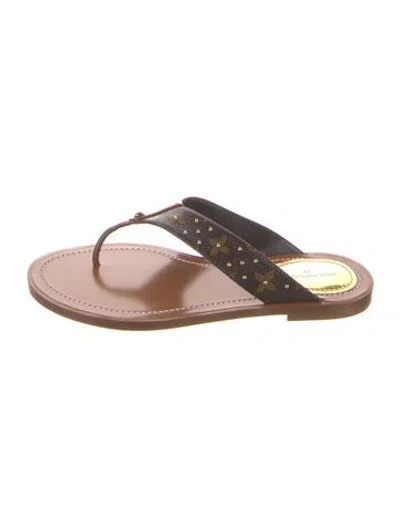 Pre-owned Louis Vuitton Lv Monogram Leather Trim Embellishment Flip Flops In Brown