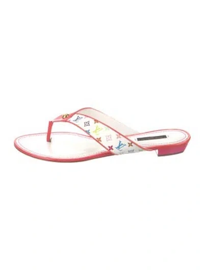 Pre-owned Louis Vuitton Lv Monogram Leather Trim Embellishment Flip Flops In White