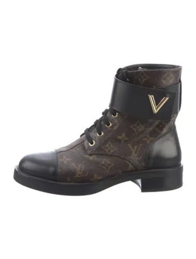 Pre-owned Louis Vuitton Lv Monogram Leather Trim Embellishment Lace-up Boots In Black/brown
