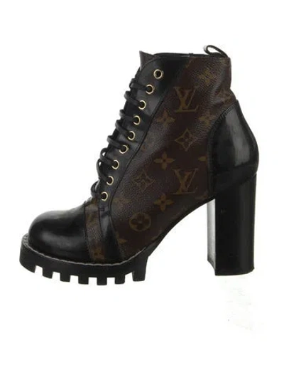 Pre-owned Louis Vuitton Lv Monogram Leather Trim Embellishment Lace-up Boots In Brown