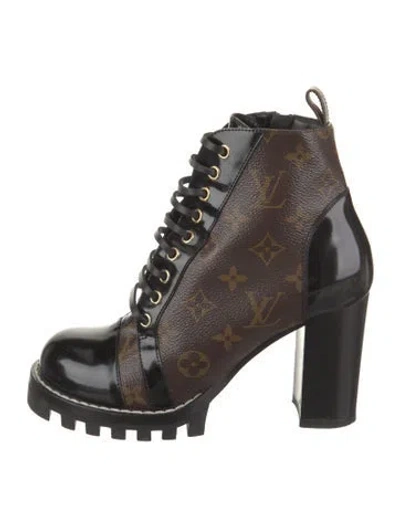 Pre-owned Louis Vuitton Lv Monogram Leather Trim Embellishment Lace-up Boots In Brown