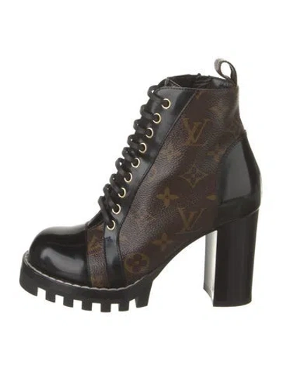 Pre-owned Louis Vuitton Lv Monogram Leather Trim Embellishment Lace-up Boots In Brown