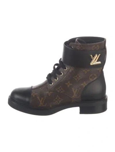 Pre-owned Louis Vuitton Lv Monogram Leather Trim Embellishment Lace-up Boots In Brown