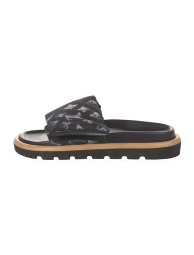 Pre-owned Louis Vuitton Lv Monogram Leather Trim Embellishment Slides In Blue