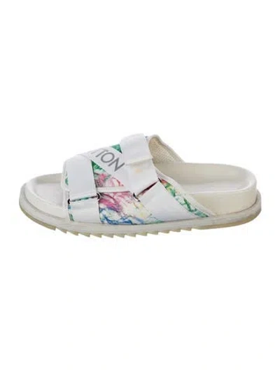 Pre-owned Louis Vuitton Lv Monogram Leather Trim Embellishment Slides In White