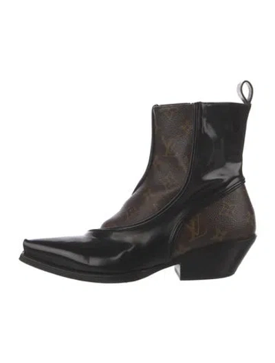 Pre-owned Louis Vuitton Lv Monogram Leather Trim Embellishment Western Boots In Black/brown