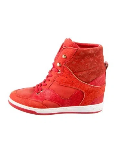 Pre-owned Louis Vuitton Lv Monogram Leather Wedge Sneakers In Red
