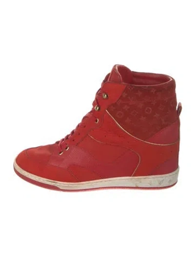 Pre-owned Louis Vuitton Lv Monogram Leather Wedge Sneakers In Red
