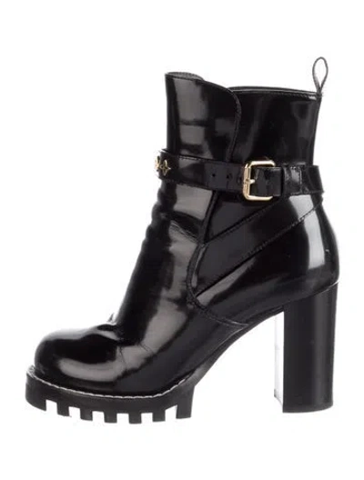 Pre-owned Louis Vuitton Lv Monogram Patent Leather Combat Boots In Black
