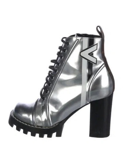 Pre-owned Louis Vuitton Lv Monogram Patent Leather Combat Boots In Silver