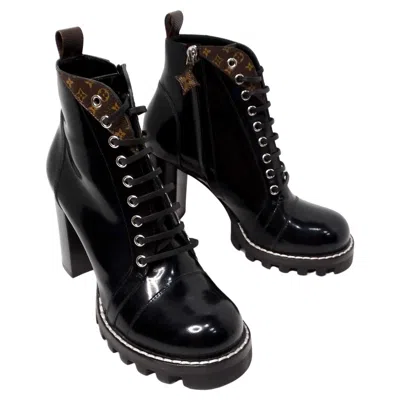 Pre-owned Louis Vuitton Lv Monogram Patent Leather Lace-up Ankle Combat Boots In Black