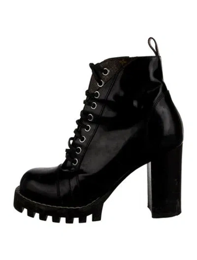 Pre-owned Louis Vuitton Lv Monogram Patent Leather Lace-up Boots In Black