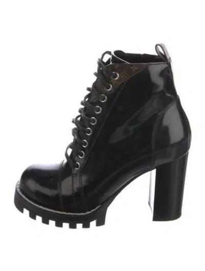 Pre-owned Louis Vuitton Lv Monogram Patent Leather Lace-up Boots In Black
