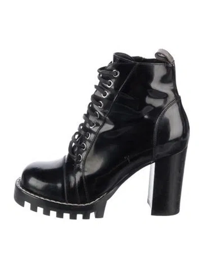 Pre-owned Louis Vuitton Lv Monogram Patent Leather Lace-up Boots In Black