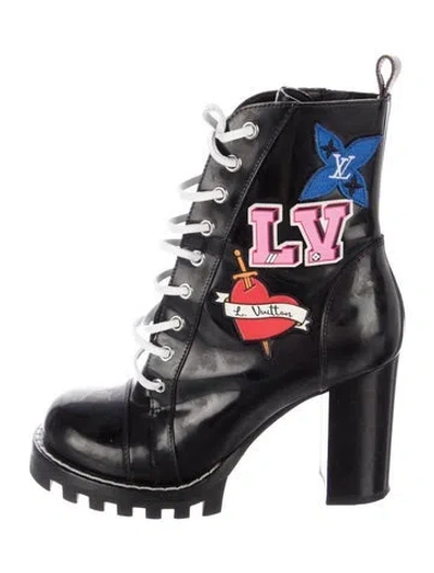 Pre-owned Louis Vuitton Lv Monogram Patent Leather Lace-up Boots In Black