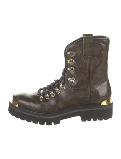 Pre-owned Louis Vuitton Lv Monogram Patent Leather Lace-up Boots In Black/brown