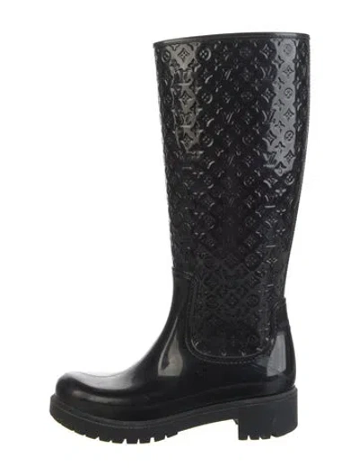 Pre-owned Louis Vuitton Lv Monogram Rubber Rain Boots In Black