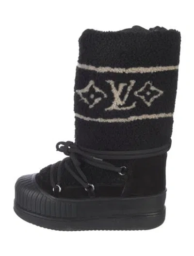 Pre-owned Louis Vuitton Lv Monogram Shearling Lace-up Boots In Black