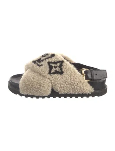 Pre-owned Louis Vuitton Lv Monogram Shearling Slides In Black/neutrals