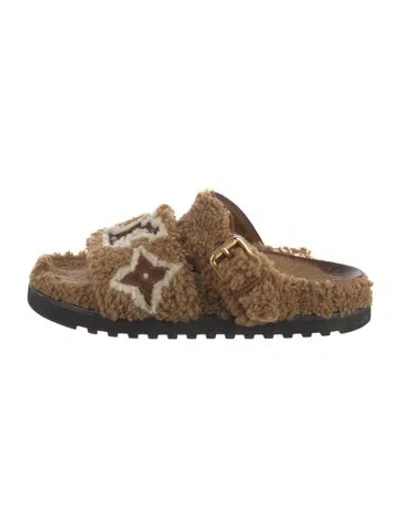 Pre-owned Louis Vuitton Lv Monogram Shearling Slides In Brown