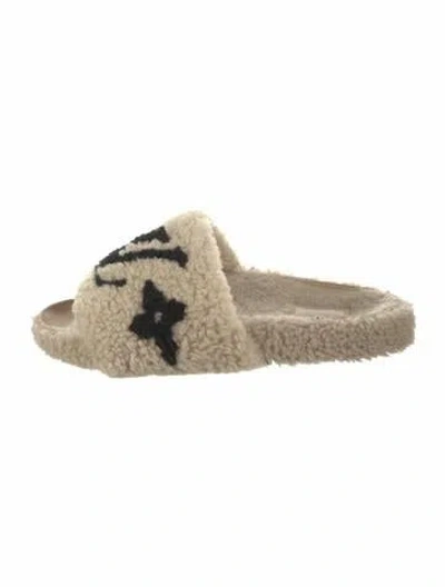Pre-owned Louis Vuitton Lv Monogram Shearling Slides In Neutral