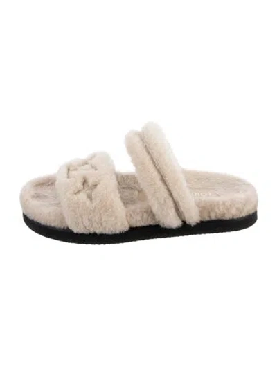 Pre-owned Louis Vuitton Lv Monogram Shearling Slides In Neutrals