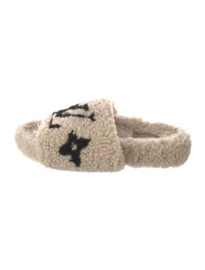 Pre-owned Louis Vuitton Lv Monogram Shearling Slides In Neutrals