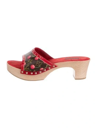 Pre-owned Louis Vuitton Lv Monogram Studded Accents Slides In Red