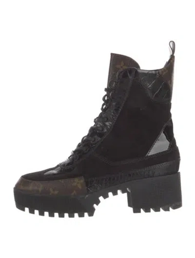 Pre-owned Louis Vuitton Lv Monogram Suede Combat Boots In Black