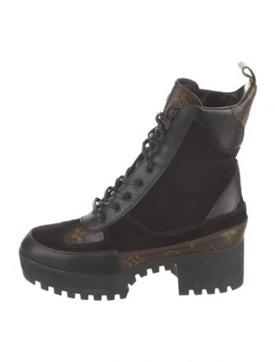 Pre-owned Louis Vuitton Lv Monogram Suede Combat Boots In Black