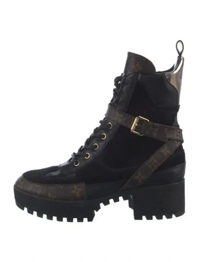 Pre-owned Louis Vuitton Lv Monogram Suede Combat Boots In Black