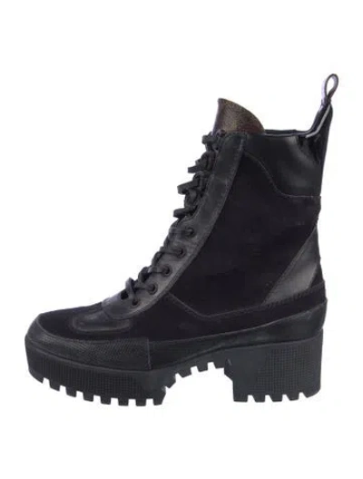 Pre-owned Louis Vuitton Lv Monogram Suede Combat Boots In Black