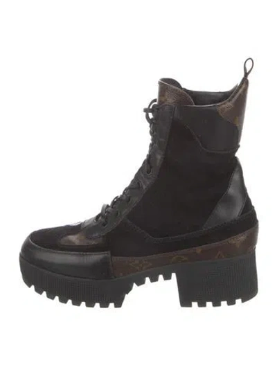 Pre-owned Louis Vuitton Lv Monogram Suede Combat Boots In Black