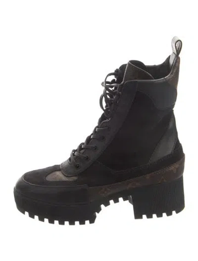 Pre-owned Louis Vuitton Lv Monogram Suede Combat Boots In Black