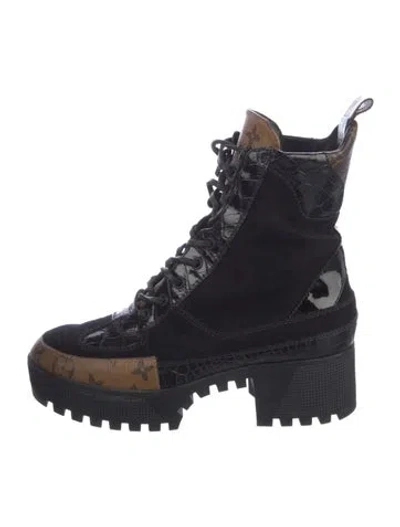 Pre-owned Louis Vuitton Lv Monogram Suede Combat Boots In Black