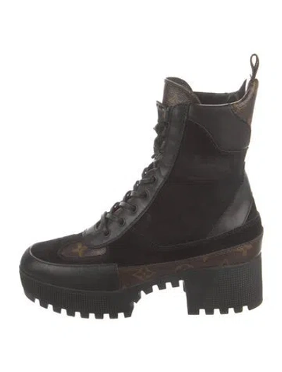 Pre-owned Louis Vuitton Lv Monogram Suede Combat Boots In Black