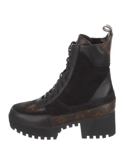 Pre-owned Louis Vuitton Lv Monogram Suede Combat Boots In Black