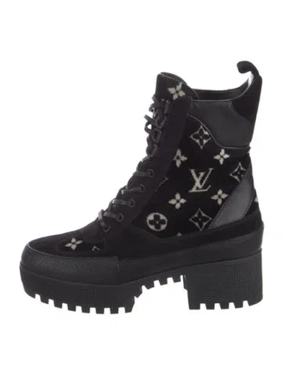 Pre-owned Louis Vuitton Lv Monogram Suede Combat Boots In Black