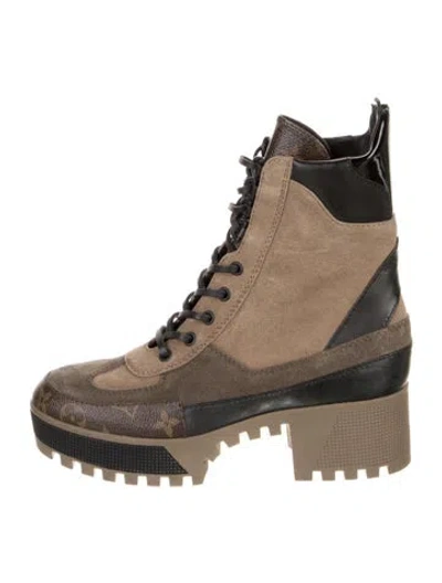 Pre-owned Louis Vuitton Lv Monogram Suede Combat Boots In Black
