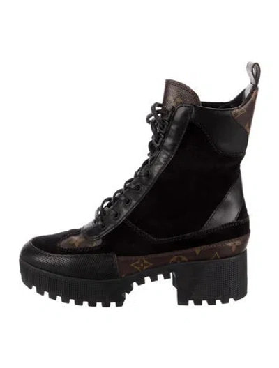 Pre-owned Louis Vuitton Lv Monogram Suede Combat Boots In Black