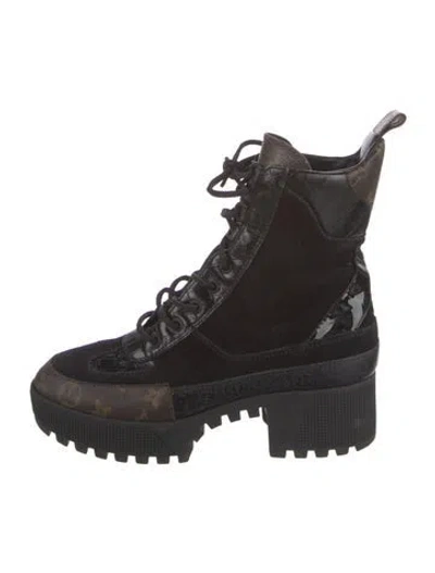 Pre-owned Louis Vuitton Lv Monogram Suede Combat Boots In Black