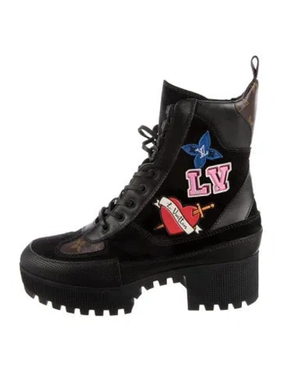 Pre-owned Louis Vuitton Lv Monogram Suede Combat Boots In Black