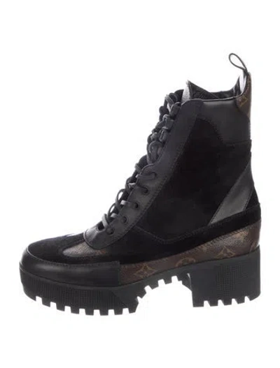 Pre-owned Louis Vuitton Lv Monogram Suede Combat Boots In Black