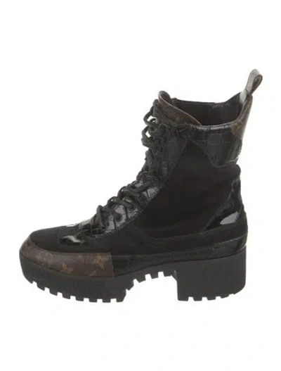 Pre-owned Louis Vuitton Lv Monogram Suede Combat Boots In Black