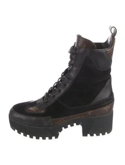 Pre-owned Louis Vuitton Lv Monogram Suede Combat Boots In Black