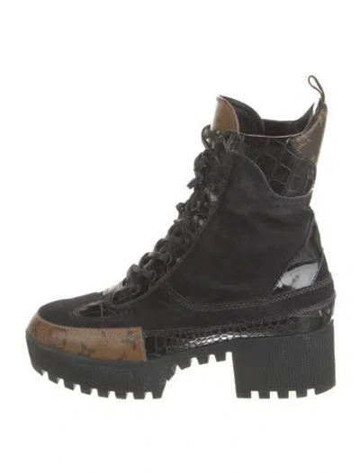 Pre-owned Louis Vuitton Lv Monogram Suede Combat Boots In Black