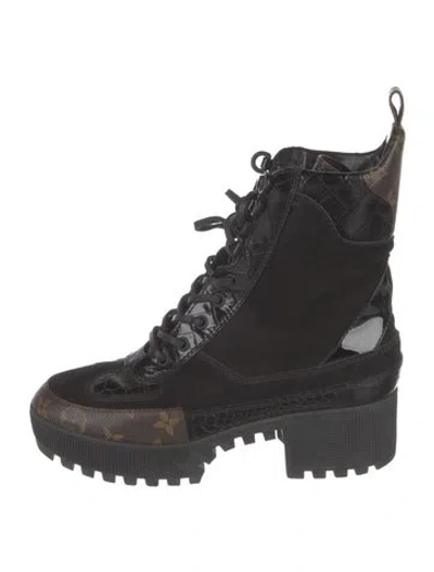 Pre-owned Louis Vuitton Lv Monogram Suede Combat Boots In Black