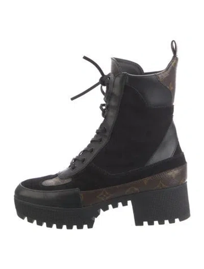 Pre-owned Louis Vuitton Lv Monogram Suede Combat Boots In Black